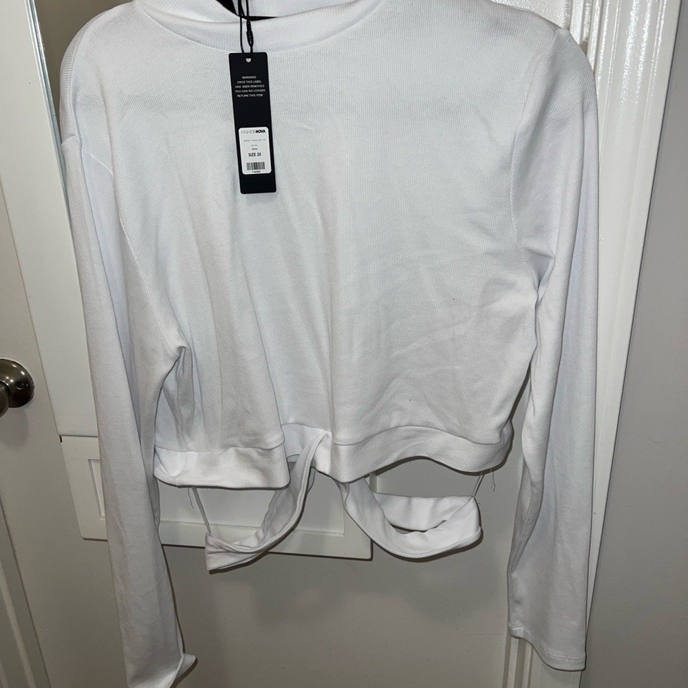 White Crew Neck Long Sleeve Crop Top with Tie Front